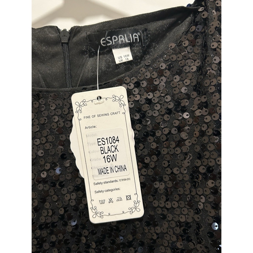 Black Sequined Midi Shift Dress Flare Skirt‎ Round Neck Women's 16 Cap Sleeve